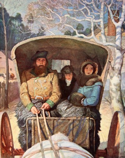 馬車で暖かく着飾ったフレイザー家（カラーリトグラフ 作： Newell Convers (after) Wyeth