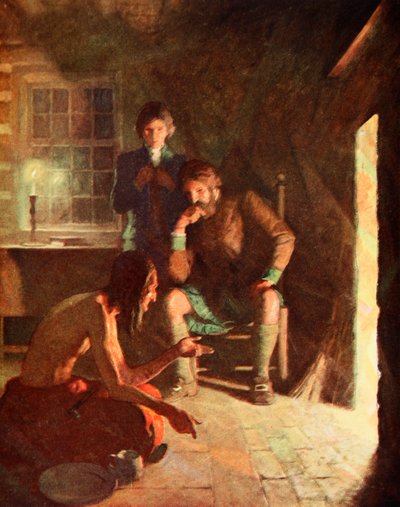 初期入植者の家で行われたインディアン・ロングソートの会合（カラーリトグラフ 作： Newell Convers (after) Wyeth
