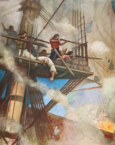 イギリス船とのファイヤートップスでの戦い（カラーリトグラフ 作： Newell Convers (after) Wyeth