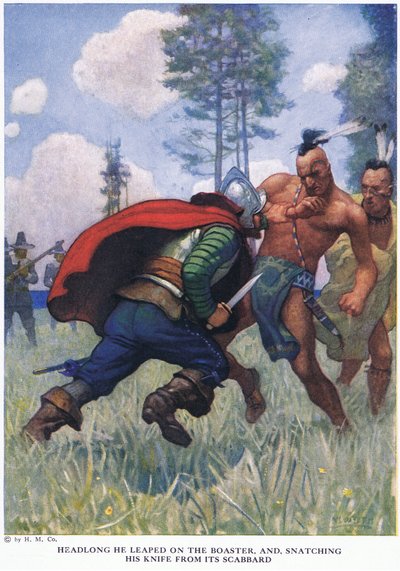 真っすぐに彼は自慢の馬に飛びつき、そして鞘からナイフをひったくりました 作： Newell Convers Wyeth