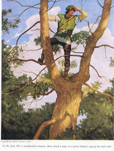 マストを頭に乗せた船員のようなフォークの中に、緑の幕板に男が立っていました。 作： Newell Convers Wyeth