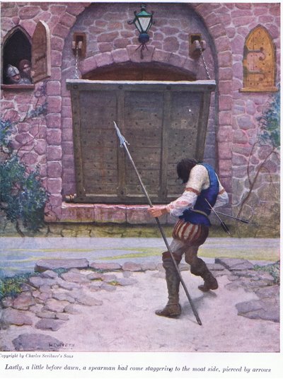 最後に、夜明けの少し前に、槍で穴を開けて槍を突き刺した槍兵、1916年 作： Newell Convers Wyeth