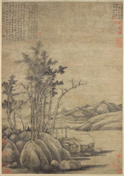1339 年の秋の木立で荒野を楽しむ。 作： Ni Zan