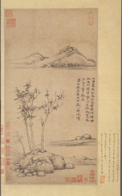 1363年、川岸の木々の間を曲がりくねる. 作： Ni Zan