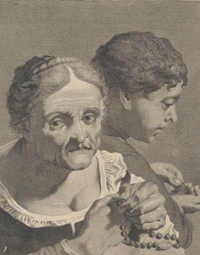 ロザリオを持った老婆とコインを数える少年の反転コピー、プレート 10 fr..., ca. 1750-90。 作： Niccolò Cavalli