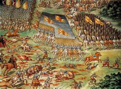イタリア戦争中の1557年に、スペイン人がフランス人に勝利したサンカンタン（Saint Quentin）の戦いは、騎馬隊の攻撃で細部を 作： Niccolo (and workshop) Granello