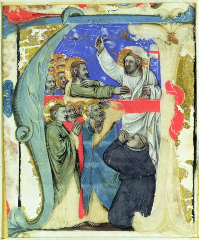 1370年頃、聖トーマスの不信心を描いた歴史的な初期の「A」 作： Niccolo di Giacomo