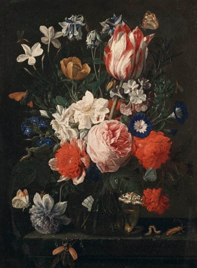 石の棚にあるガラスの花瓶に咲くバラ、チューリップ、朝顔、その他の花、1671年 作： Nicholaes van Verendael