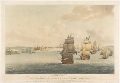 ハイド・パーカー提督指揮下のイギリス艦隊とネルソン卿副提督、トーマス・グレイブス少将を描いたポコックの版画。 作： Nicholas (after) Pocock