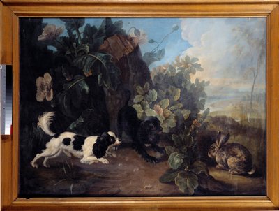 二匹の犬と一羽のウサギの絵 ニコラ・デスポータス・ディット・ル・ネフェウ（1718-1787） 1757年 日。0.97x1.3 m パリ、ルーヴル美術館 作： Nicholas Desportes