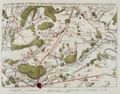 アジャンクールの重要な戦いが行われたサントメールのその部分の地図、「アジャンクールの歴史」のイラスト。 そして、ヘンリー五世のフランス遠征について…」 作： Nicholas Harris Nicolas