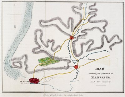 「ハーフルールとその周辺の位置を示す地図」、「アジャンクールの戦いとアンリ 5 世のフランス遠征の歴史...」のイラスト 作： Nicholas Harris Nicolas