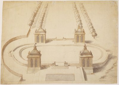 ボウリンググリーンのデザイン、ハンプトンコート、c.1689-91（ペンと茶色のインク、ウォッシュと紙のグラファイト） 作： Nicholas Hawksmoor