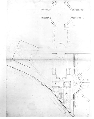 スキームIのサイト計画、1689年、ハンプトンコート（紙にペンとインクと鉛筆） 作： Nicholas Hawksmoor