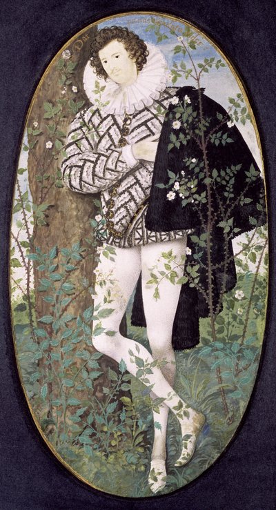 バラの木に寄りかかる青年（ベラムのボディカラー） 作： Nicholas Hilliard