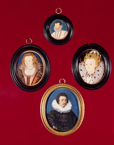 ミニチュアのコレクション：フランシスドレーク（現在はナショナルポートレートギャラリーにあります。1619年を参照）。エリザベス1世（現在はナショナルポートレートギャラリーにあります）;アイザックオリバー;エリザベス、ボヘミアの女王 作： Nicholas Hilliard