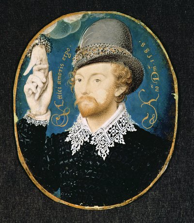 雲から手を握りしめる男、おそらくウィリアムシェイクスピア、1588年 作： Nicholas Hilliard