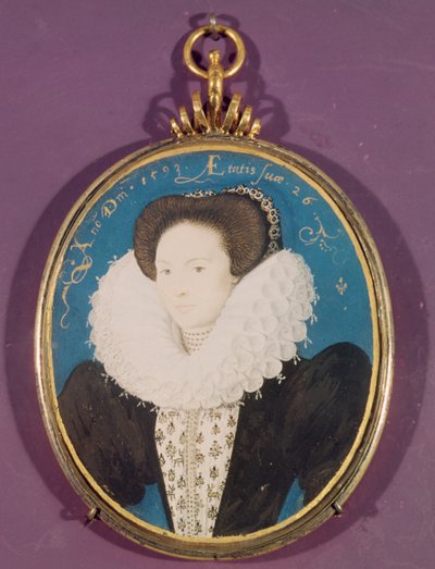 ホランド夫人（エリザベス1世を待つ女性）、1593年26歳（ベラムの水彩画） 作： Nicholas Hilliard