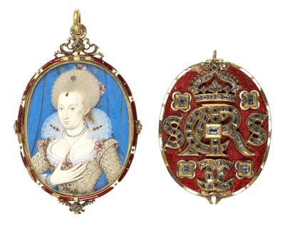 デンマークのアン女王の肖像画のミニチュア（1574-1619）、宝石で飾られたカバー付き、c.1611（ベラムにトイレ、エナメルを塗られた金のフレームにテーブルダイヤモンドがセット）（69710も参照） 作： Nicholas Hilliard