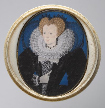 女性の肖像」1590年頃（ヴェラムに水彩画、オリジナルの象牙製回転ケース入り 作： Nicholas Hilliard