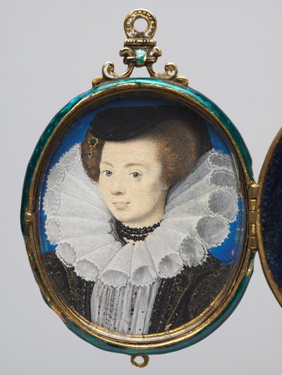 女性の肖像、c.1593（金とエナメルのロケットフレームのベラムの水彩画） 作： Nicholas Hilliard
