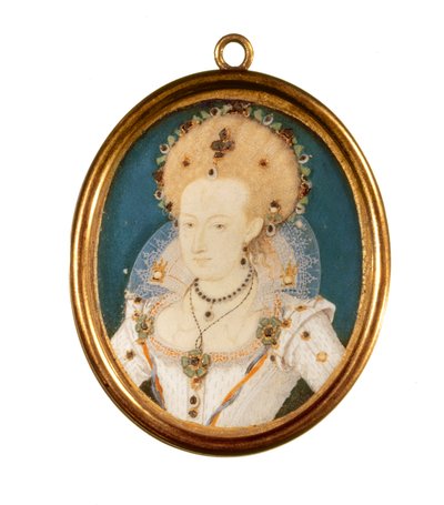 デンマークのアン女王（ベラムの水彩画） 作： Nicholas Hilliard