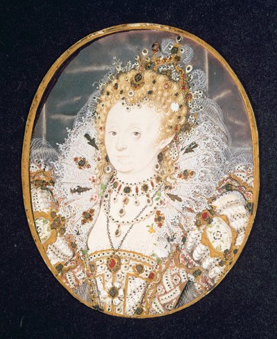 エリザベス女王1世、1595-1600年頃（ヴェラムのトイレ） 作： Nicholas Hilliard