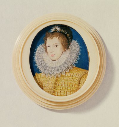ボンネットとフェザーのある黄色の若者、c.1585-90（ヴェラムのトイレ） 作： Nicholas Hilliard