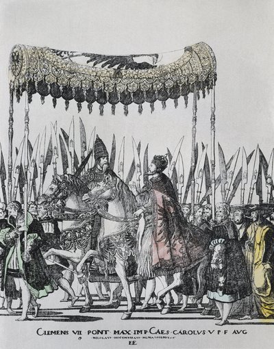 HOGENBERG, Nicolas (1500-1539).ボローニャにおけるシャルル5世の戴冠式シャルル5世 (1500-1558).神聖ローマ皇帝（1519-1556）、スペイン王（1516-1556）（シャルル1世として）。1523年から1534年にかけてのローマ法王。エングレーヴィング 作： Nicholas Hogenberg