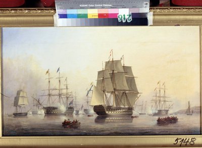 ニコラス1世皇帝（1796-1855）がイギリスを訪問（皇帝ニコラス1世がイギリスを訪問）。 ボートは大砲を発射して、ロシアのツァーリを歓迎し、祝います。 ニコラス・マシュー・コンディ（1816-1851）による絵画、キャンバスに油彩 作： Nicholas Matthews Condy