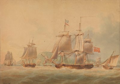 フリゲート［おそらく「トリトン」（1796年）］を伴って出発する護衛艦。 作： Nicholas Pocock