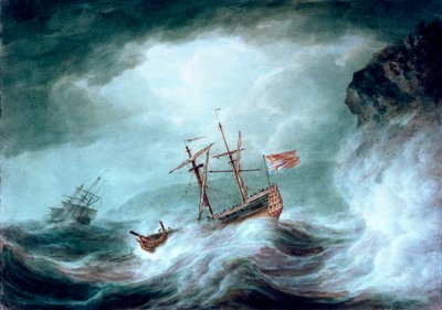 暴風雨、岩の多い海岸に停泊する遭難船 作： Nicholas Pocock