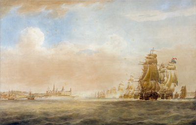 1801年3月28日、エルシノアのクロンボー城沖のイギリス艦隊（コペンハーゲンの戦いの前］ 作： Nicholas Pocock