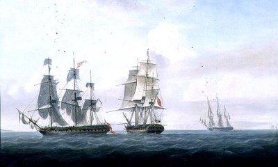 メドゥーサ」を出し抜いたスペインのフリゲート艦「ラ・ファマ」がH.M.S.「ライブリー」と交戦して降伏する様子、1806年頃（油彩・キャンバス 作： Nicholas Pocock