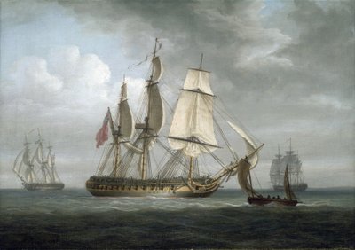 1796年にデプトフォード（イギリス）で建造されたフリゲート艦「トリトン」と他の船。キャンバスに油彩 作： Nicholas Pocock