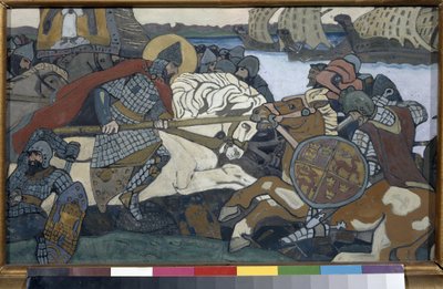 アレクサンドル・ネフスキー (1220-1263) がビルガー・ヤール (1210-1266) (またはビャルボのビルガー・マグヌッソン) を攻撃。 ネヴァの戦いのエピソード (1240)。 Nicolas Roerich (1874-1947) の作品、厚紙にガッシュ 作： Nicholas Roerich