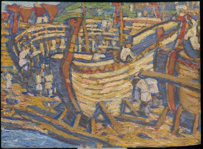 船の建造。同じタイトルの絵のスケッチ、1903 作： Nicholas Roerich