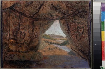 ニコラス (ニコライ) リムスキー コルサコフ (1844-1908) によるオペラ ラ プスコヴィタイン (プスコフの乙女) の準備セット。 Nicholas Roerich (1874-1947) の作品、厚紙にパステル 作： Nicholas Roerich