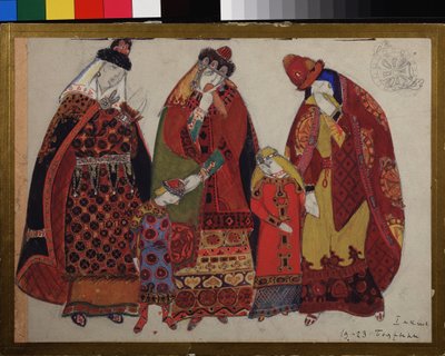 女性と子供。 アレクサンドル・ボロディン (ボロディン) (1833-1887) によるオペラ「イーゴリ公」の衣装プロジェクト。 Nicholas Roerich (1874-1947) の作品、紙に鉛筆、ガッシュ、インク 作： Nicholas Roerich