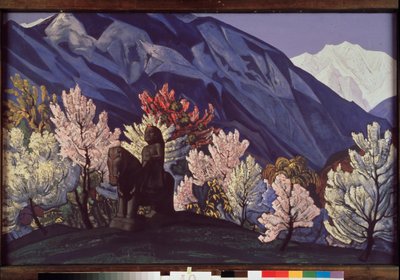 ぐがチョハン。 クル渓谷 (インド)。 (ヒマラヤの花木に囲まれた騎馬像)。 Nicolas (Nicholas) Roerich (1874-1947) の絵画、キャンバスにテンペラ 作： Nicholas Roerich