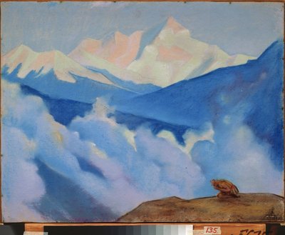 ヒマラヤ (チベット)。 ニコラス・レーリッヒ (1874-1947) の作品、ダンボールにテンペラ 作： Nicholas Roerich