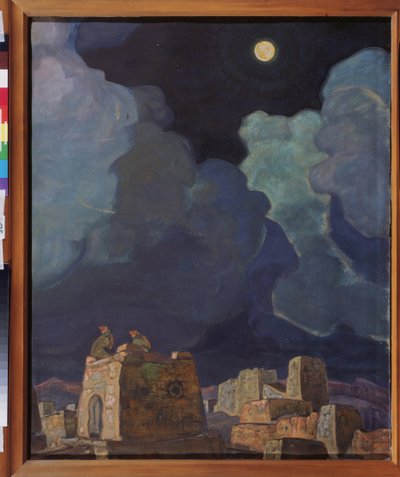 マチェスキ（ベラルーシ）。 月の人。 Nicholas Roerich (1874-1947) の作品、ダンボールにテンペラと油彩 作： Nicholas Roerich