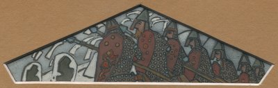 マジョリカフリーズ「ノーザンライフ」、1905年の右端の三角形の装飾のスケッチ 作： Nicholas Roerich