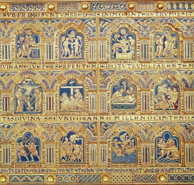 ヴェルダン祭壇、聖書の場面を描いた装飾パネルのディテール、1181年のエナメル細工 作： Nicholas of Verdun