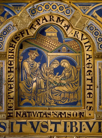 ヴェルダン祭壇 ニコラ・ド・ヴェルダン（ca.1130/50-1205）による金とエナメルで作られたもので、旧約聖書と新約聖書の場面、サムソンの誕生を表す細部が描かれています。12世紀 オーストリア、クロスターノイブルク・ウィーン - ヴェルダン祭壇、金メッキ銅にエナメル、ニコラ・ド・ヴェルダン作 作： Nicholas of Verdun