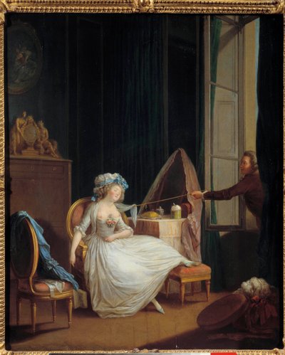 軽薄な愛 胸の上で眠っている若い女性の胸を発見する男性。ニクラス・ラヴランス（1737-1807）の絵画。18世紀 パリコニャック博物館 ジェイ 作： Niclas II Lafrensen