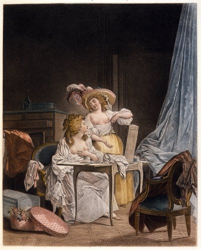 比較の様子。二人の女性が胸の大きさを比較している。ニコラ・ラヴランス（1737-1807）のエングレーヴィング、1782年頃。 作： Niclas II Lafrensen