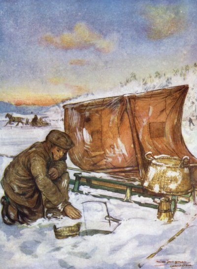 ノルウェー。クリスチャニア・フィヨルドでの氷上釣り（カラーリトグラフ 作： Nico Jungman