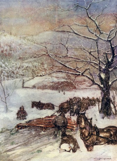 ノルウェー。8頭または10頭の馬が引くスノープラウ（カラーリトグラフ 作： Nico Jungman