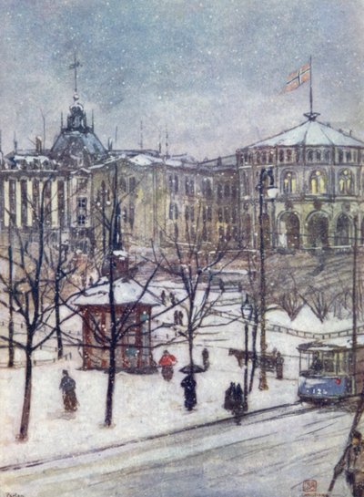 ノルウェー国会議事堂（ストーシング）、クリスチャニア（カラーリトグラフ 作： Nico Jungman